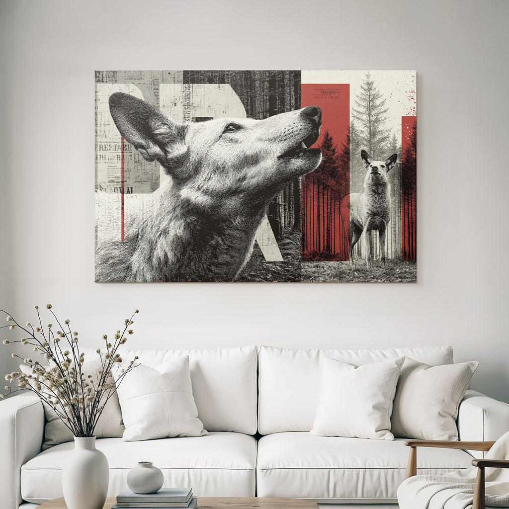 Stilisierte Hund Und Hirschillustration Im Wald