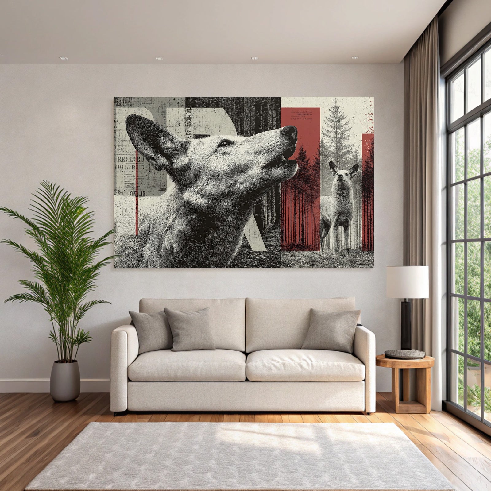 Stilisierte Hund Und Hirschillustration Im Wald