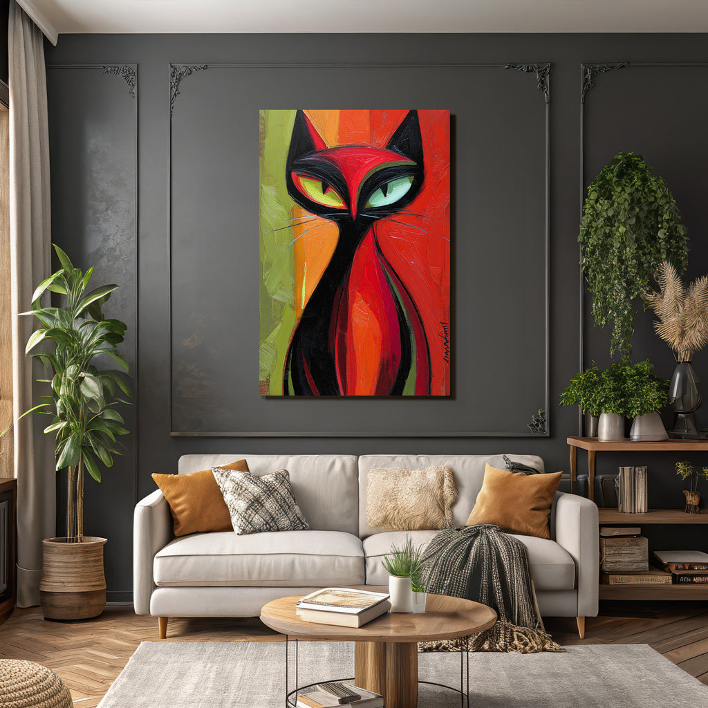 Abstrakte Katzenmalerei In Rot Schwarz Und Grün