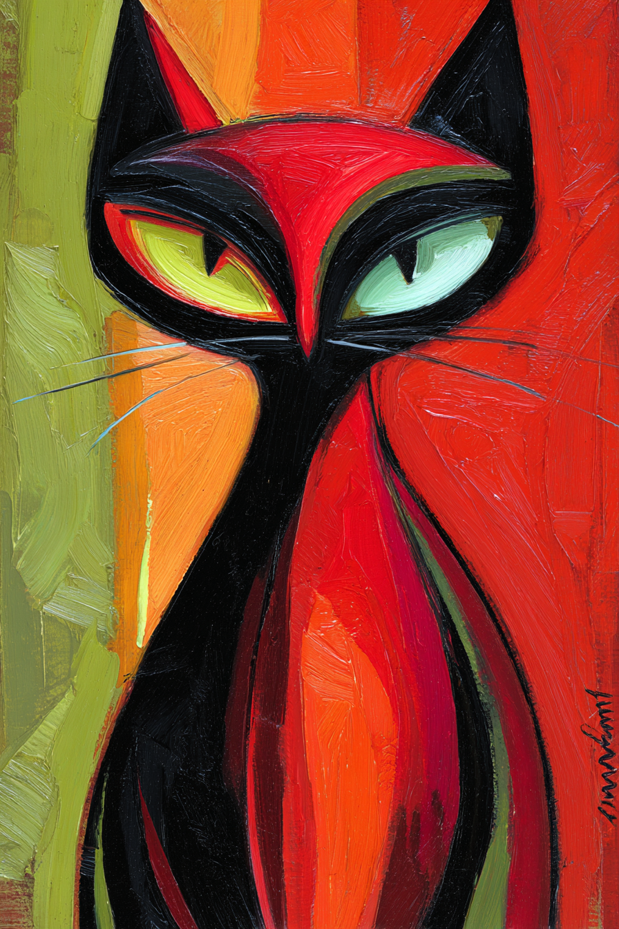 Abstrakte Katzenmalerei In Rot Schwarz Und Grün | Expressionismus | Stilrichtungen