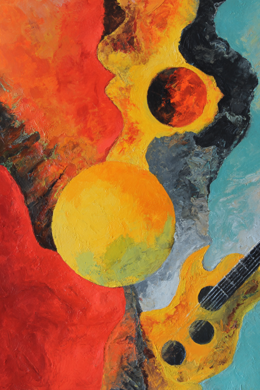 Abstraktes Buntes Gemälde Mit Rot Gelb Schwarz Kreisen Sonnen Planeten Gitarre | Expressionismus | Stilrichtungen