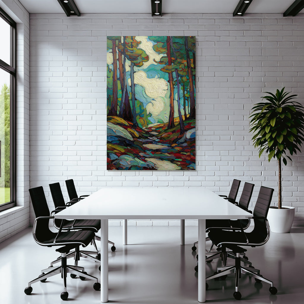 Postimpressionistische Landschaft Mit Baeumen Und Gewundenem Weg
