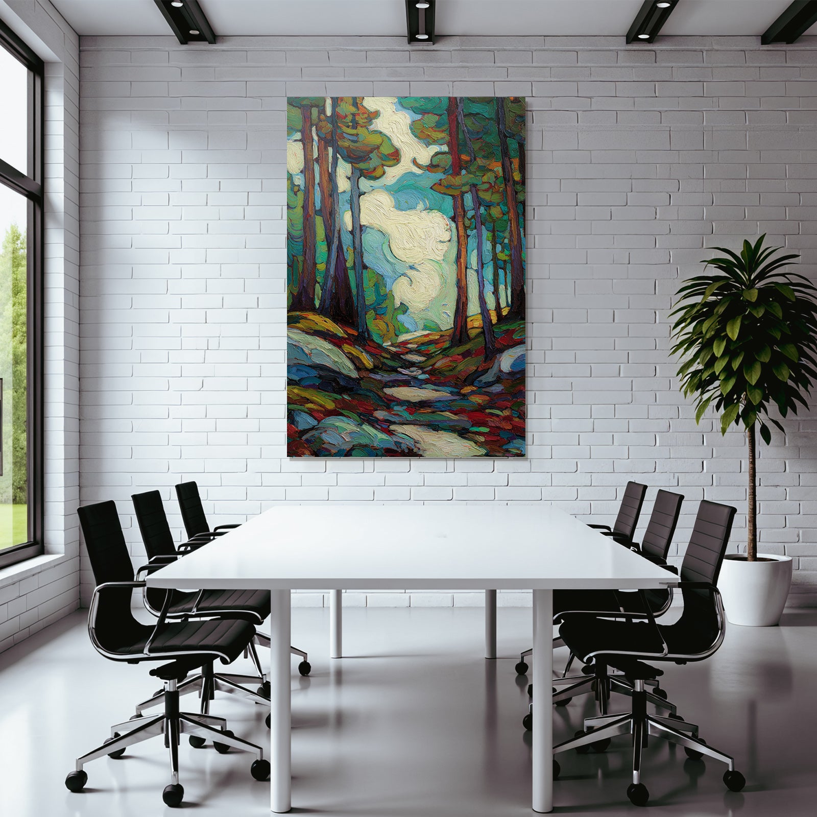 Postimpressionistische Landschaft Mit Baeumen Und Gewundenem Weg