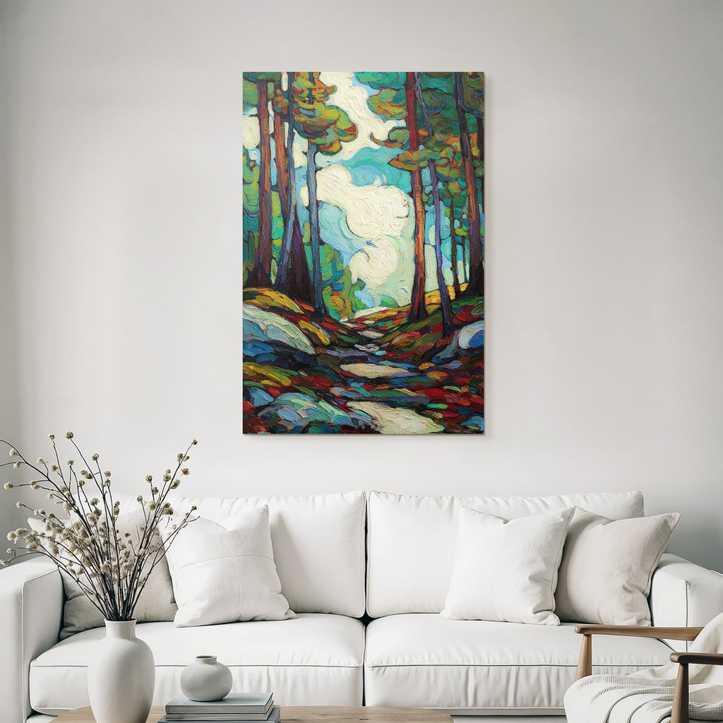 Postimpressionistische Landschaft Mit Baeumen Und Gewundenem Weg