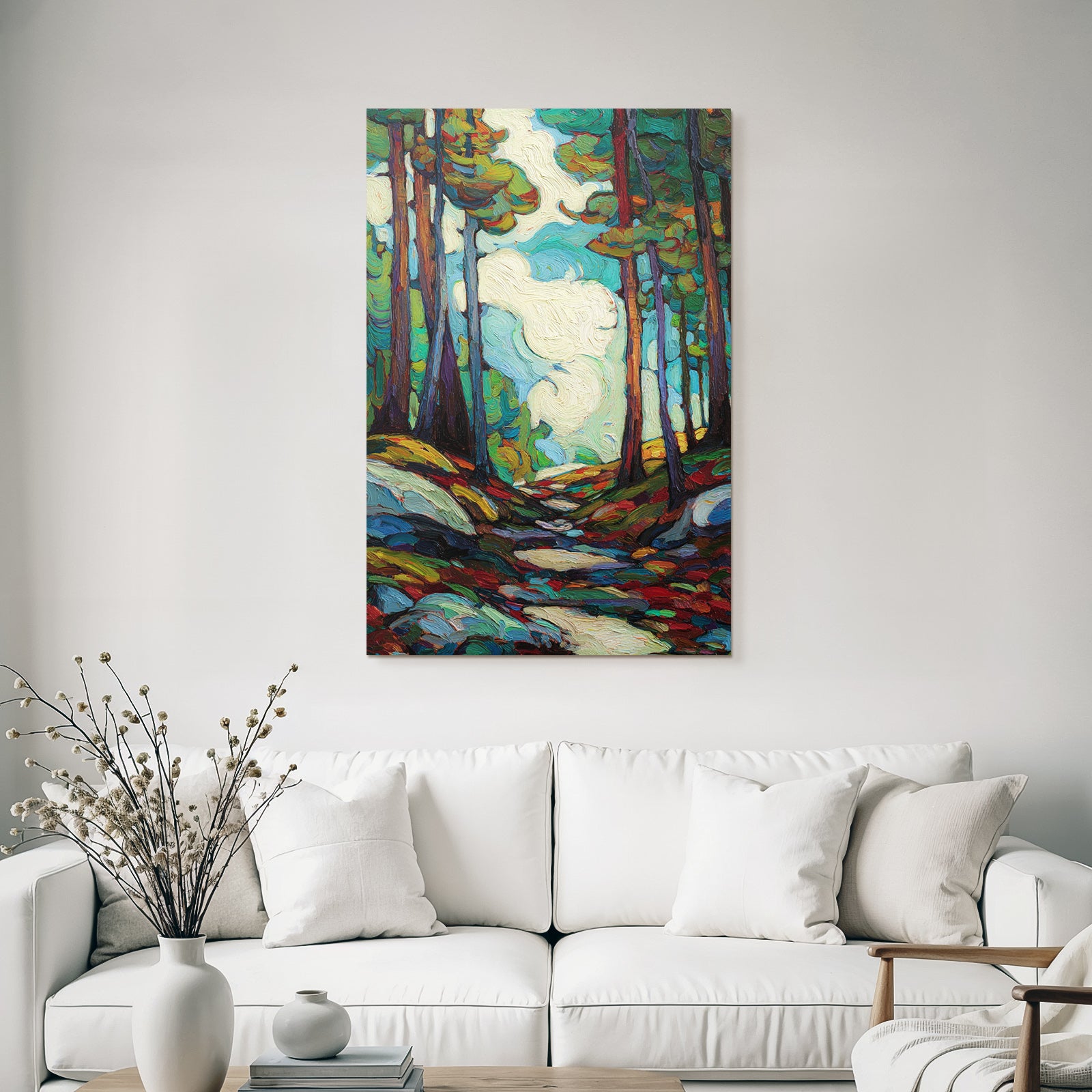 Postimpressionistische Landschaft Mit Baeumen Und Gewundenem Weg