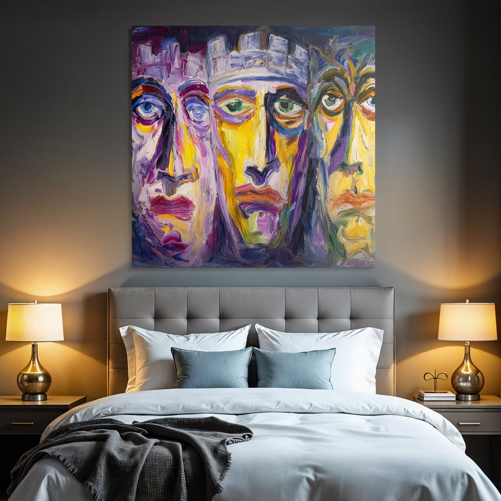 Abstraktes Gemalde Drei Stilisierte Gesichter Farbenfroh Surreal Expressiv