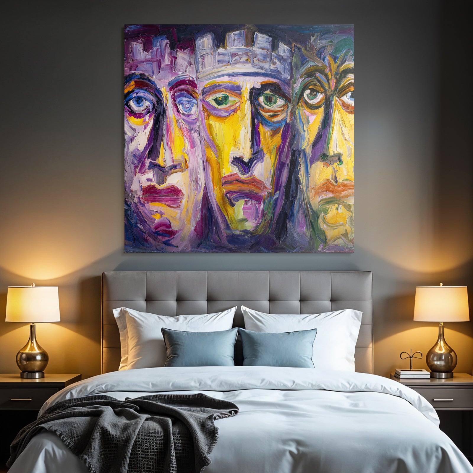 Abstraktes Gemalde Drei Stilisierte Gesichter Farbenfroh Surreal Expressiv