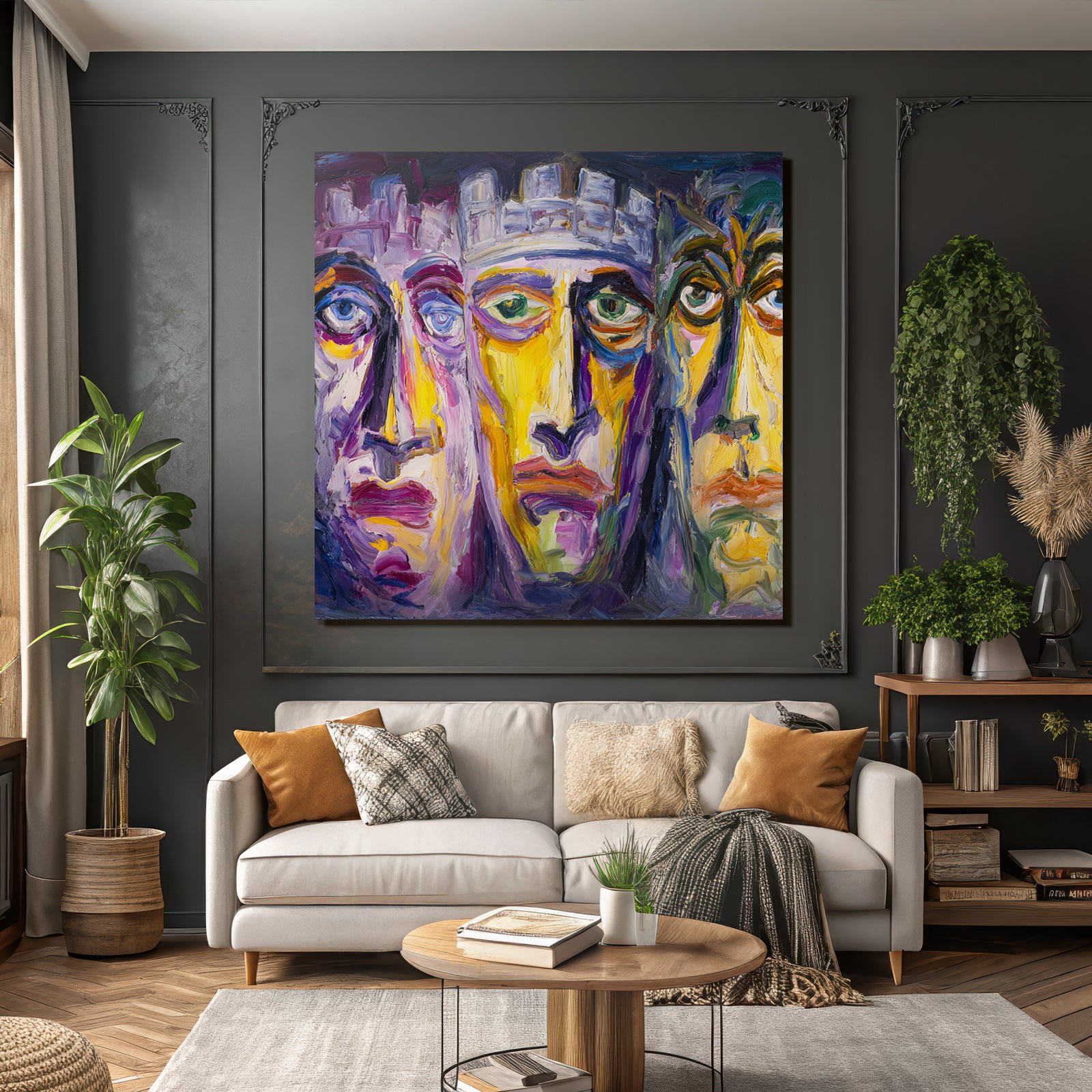 Abstraktes Gemalde Drei Stilisierte Gesichter Farbenfroh Surreal Expressiv