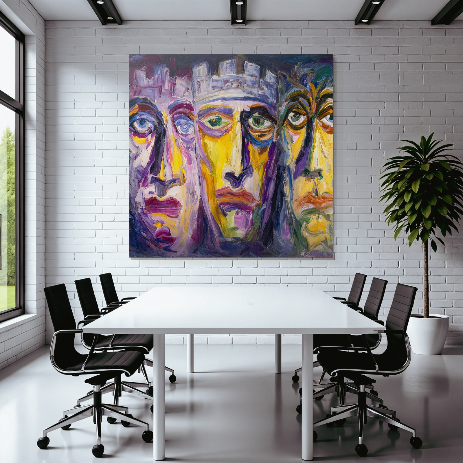 Abstraktes Gemalde Drei Stilisierte Gesichter Farbenfroh Surreal Expressiv