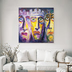 Abstraktes Gemalde Drei Stilisierte Gesichter Farbenfroh Surreal Expressiv