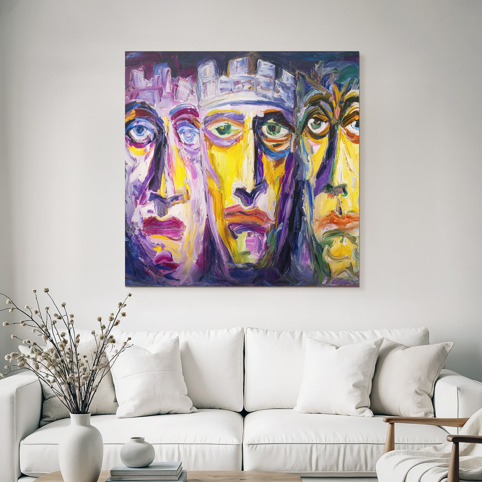 Abstraktes Gemalde Drei Stilisierte Gesichter Farbenfroh Surreal Expressiv