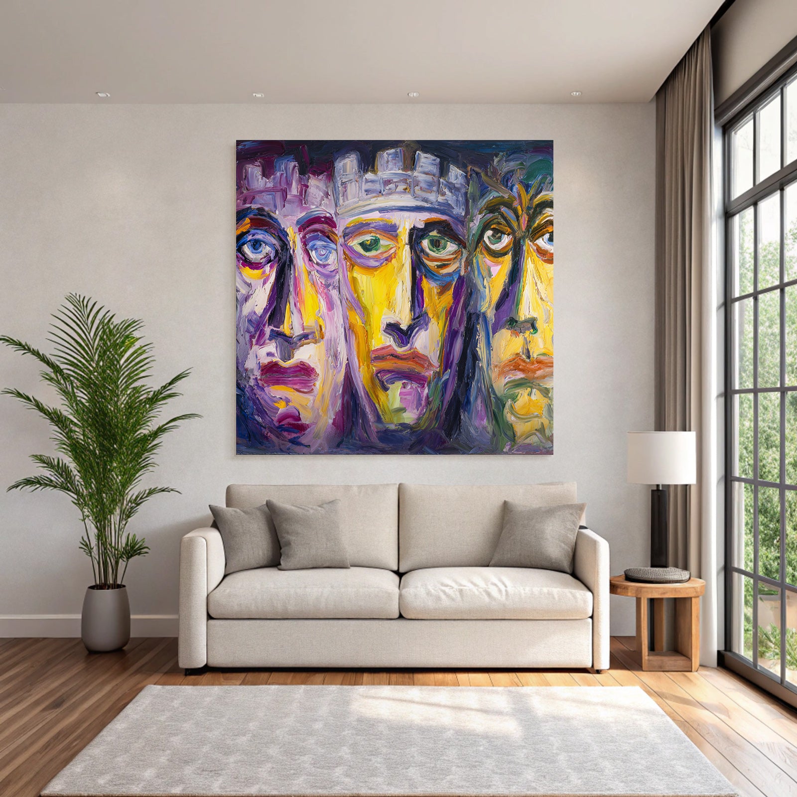 Abstraktes Gemalde Drei Stilisierte Gesichter Farbenfroh Surreal Expressiv