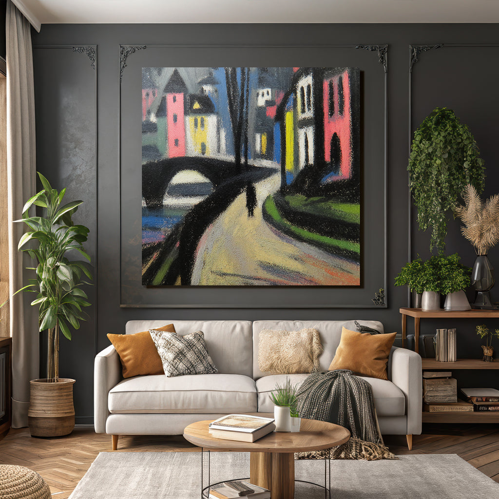 Bunte Dorfansicht Mit Brücke Und Weg