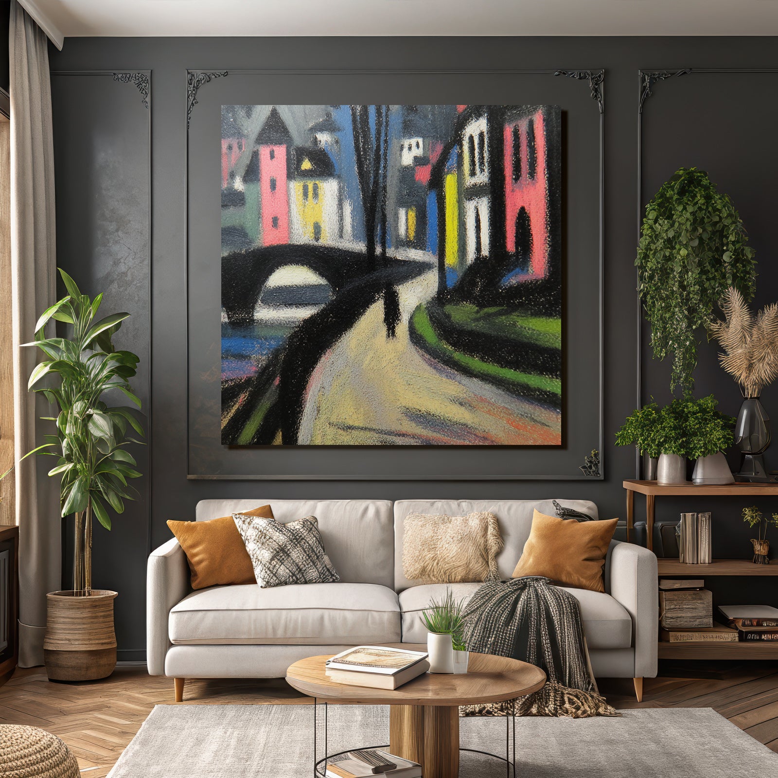 Bunte Dorfansicht Mit Brücke Und Weg