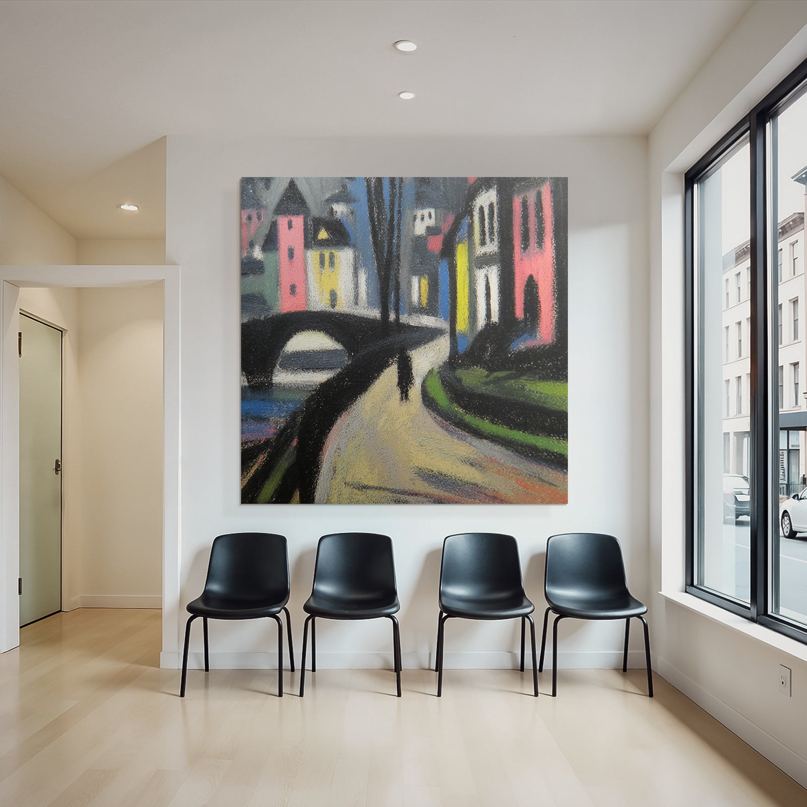 Bunte Dorfansicht Mit Brücke Und Weg