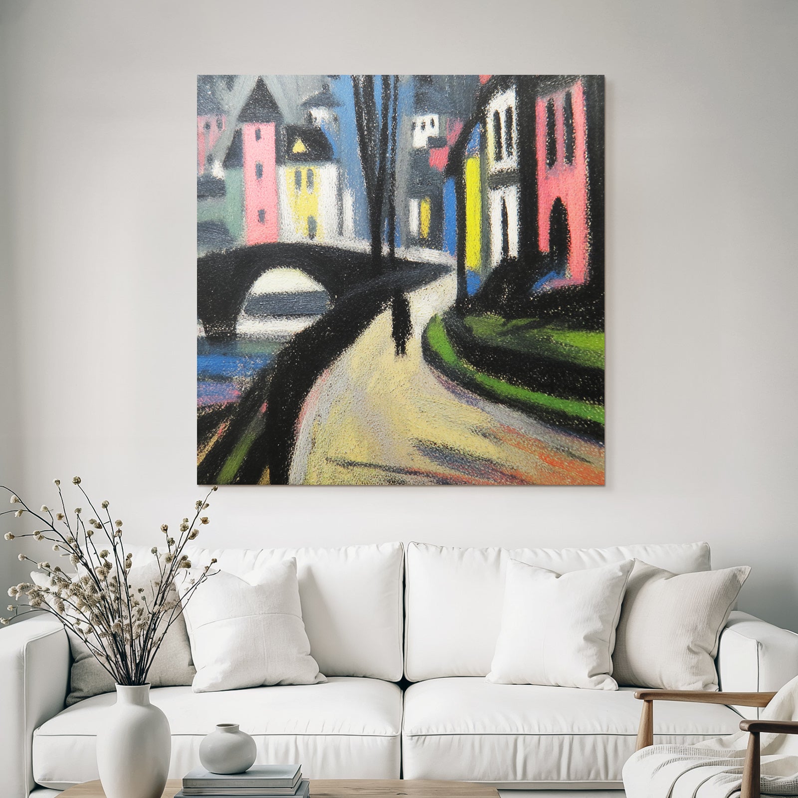 Bunte Dorfansicht Mit Brücke Und Weg