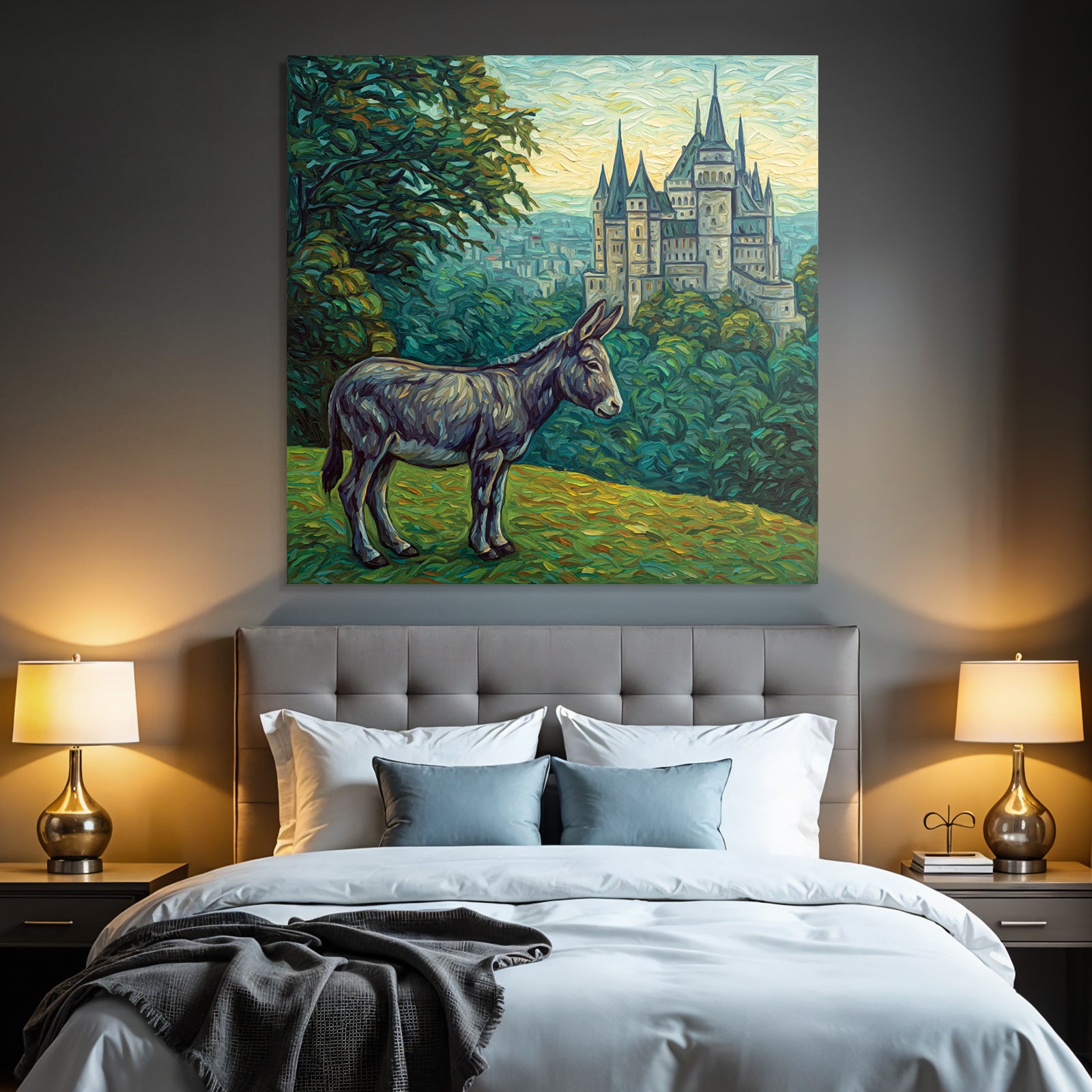 Esel Vor Prächtigem Schloss Im Impressionistischen Stil