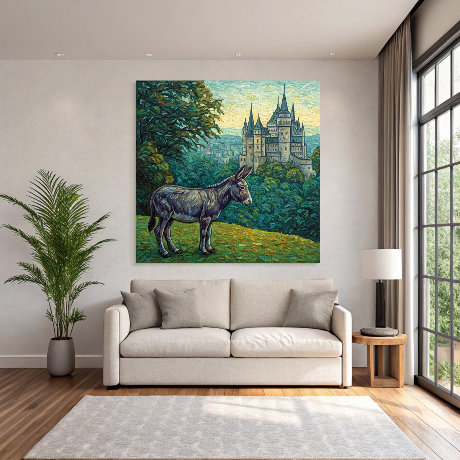 Esel Vor Prächtigem Schloss Im Impressionistischen Stil