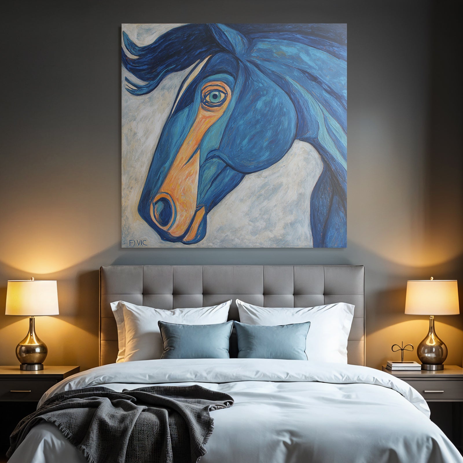 Pferdekopf Blau Orange Expressionistisches Modernes Kunstwerk