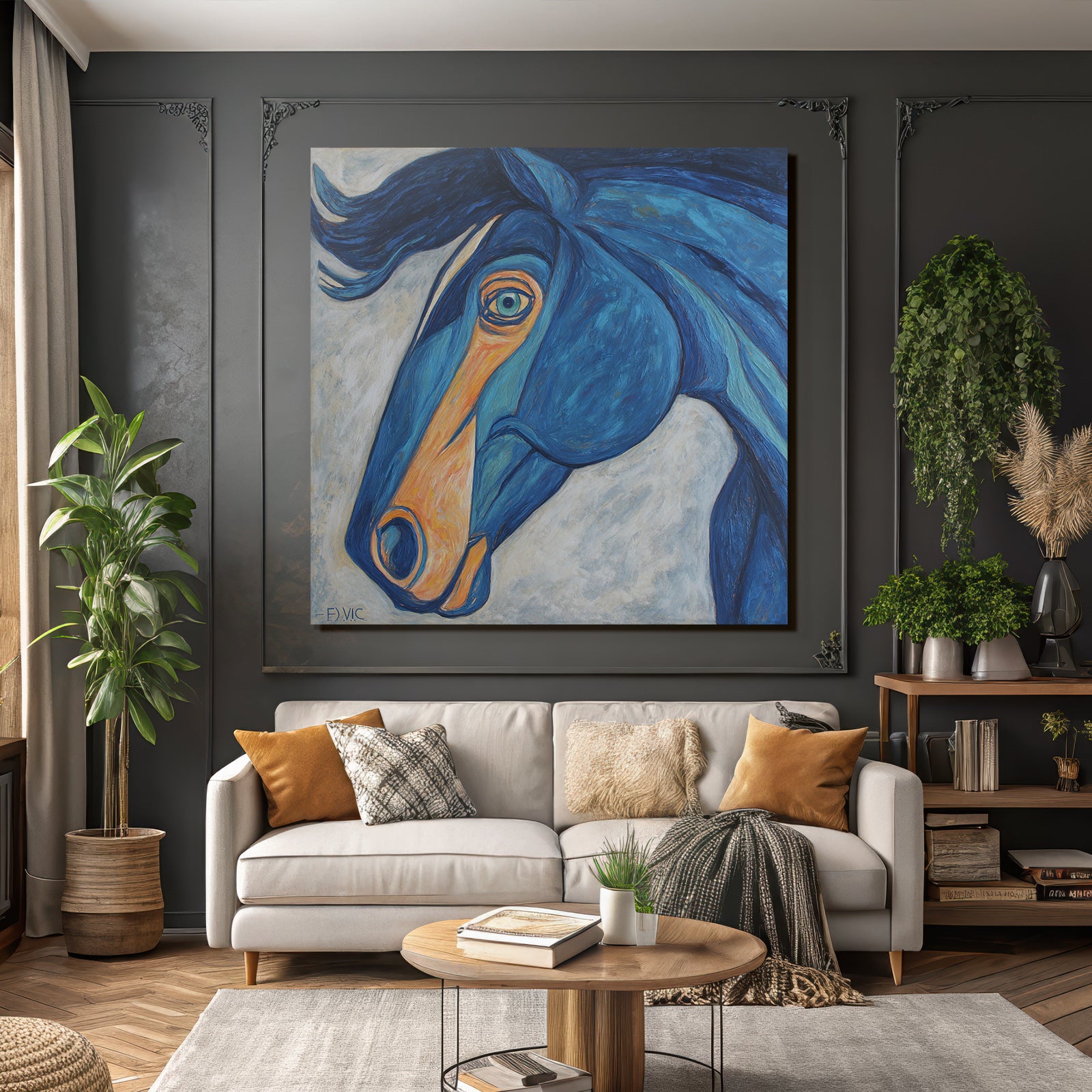 Pferdekopf Blau Orange Expressionistisches Modernes Kunstwerk