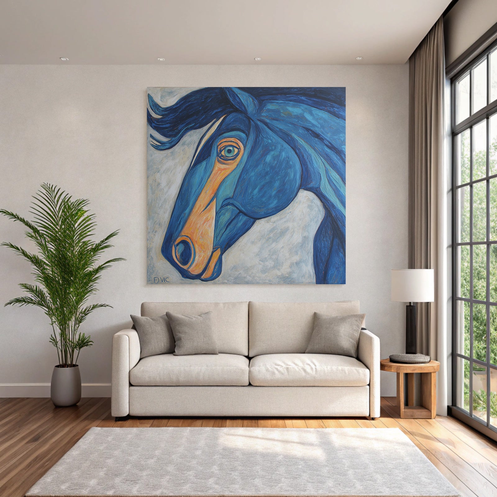 Pferdekopf Blau Orange Expressionistisches Modernes Kunstwerk