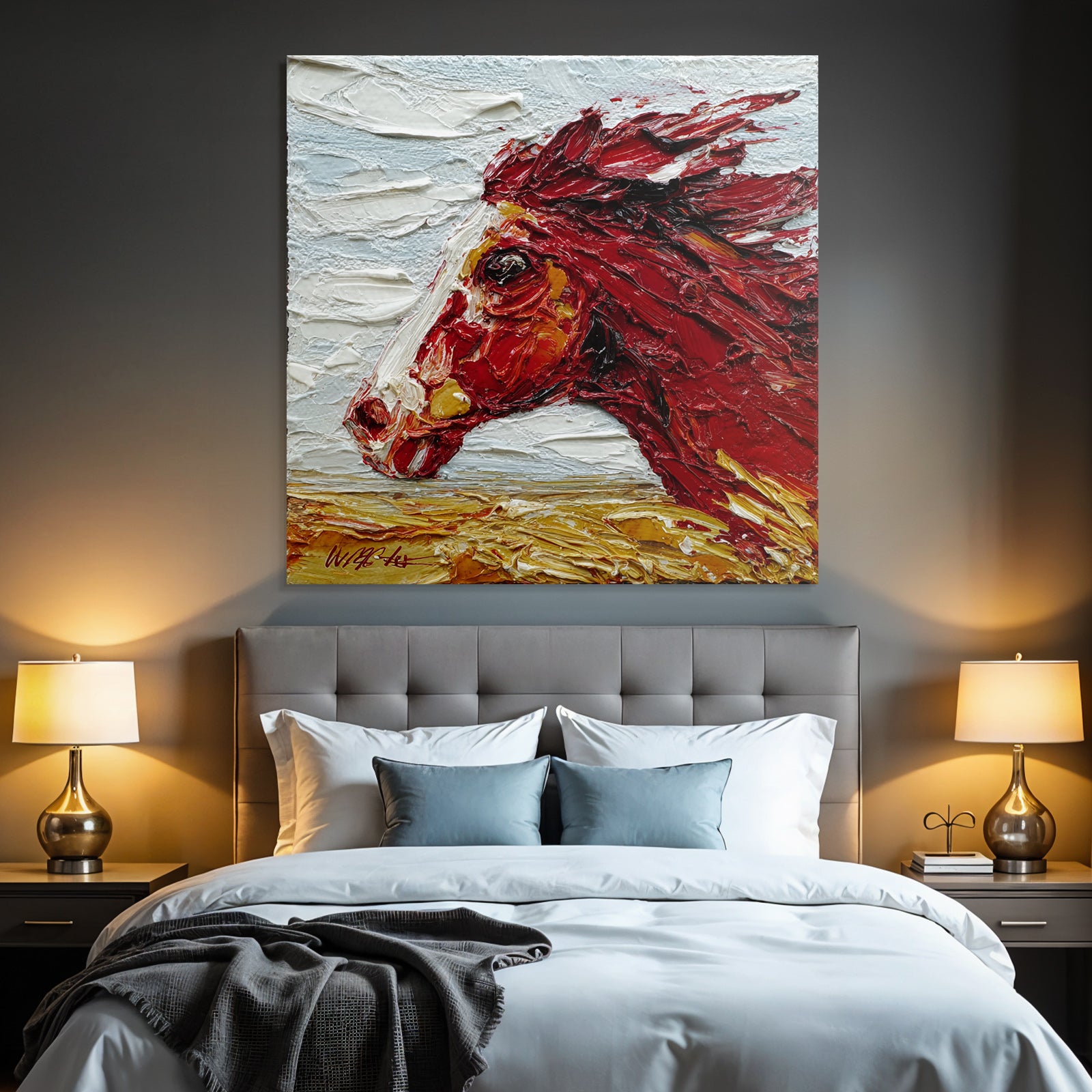 Rotes Pferd Impasto Malerei Vor Himmel Und Landschaft