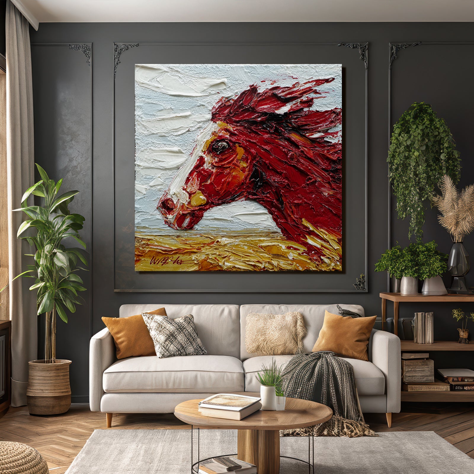 Rotes Pferd Impasto Malerei Vor Himmel Und Landschaft