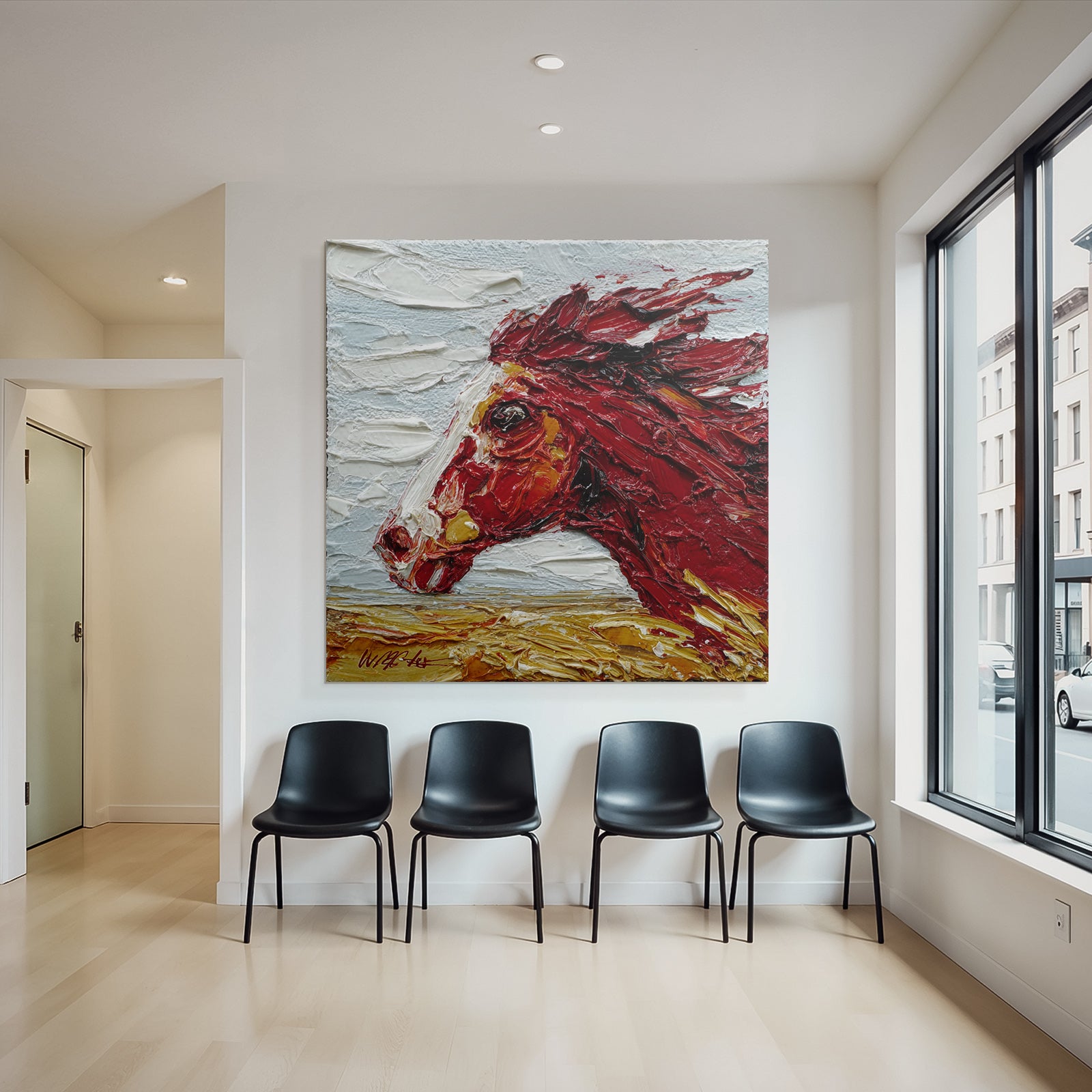 Rotes Pferd Impasto Malerei Vor Himmel Und Landschaft