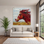 Rotes Pferd Impasto Malerei Vor Himmel Und Landschaft