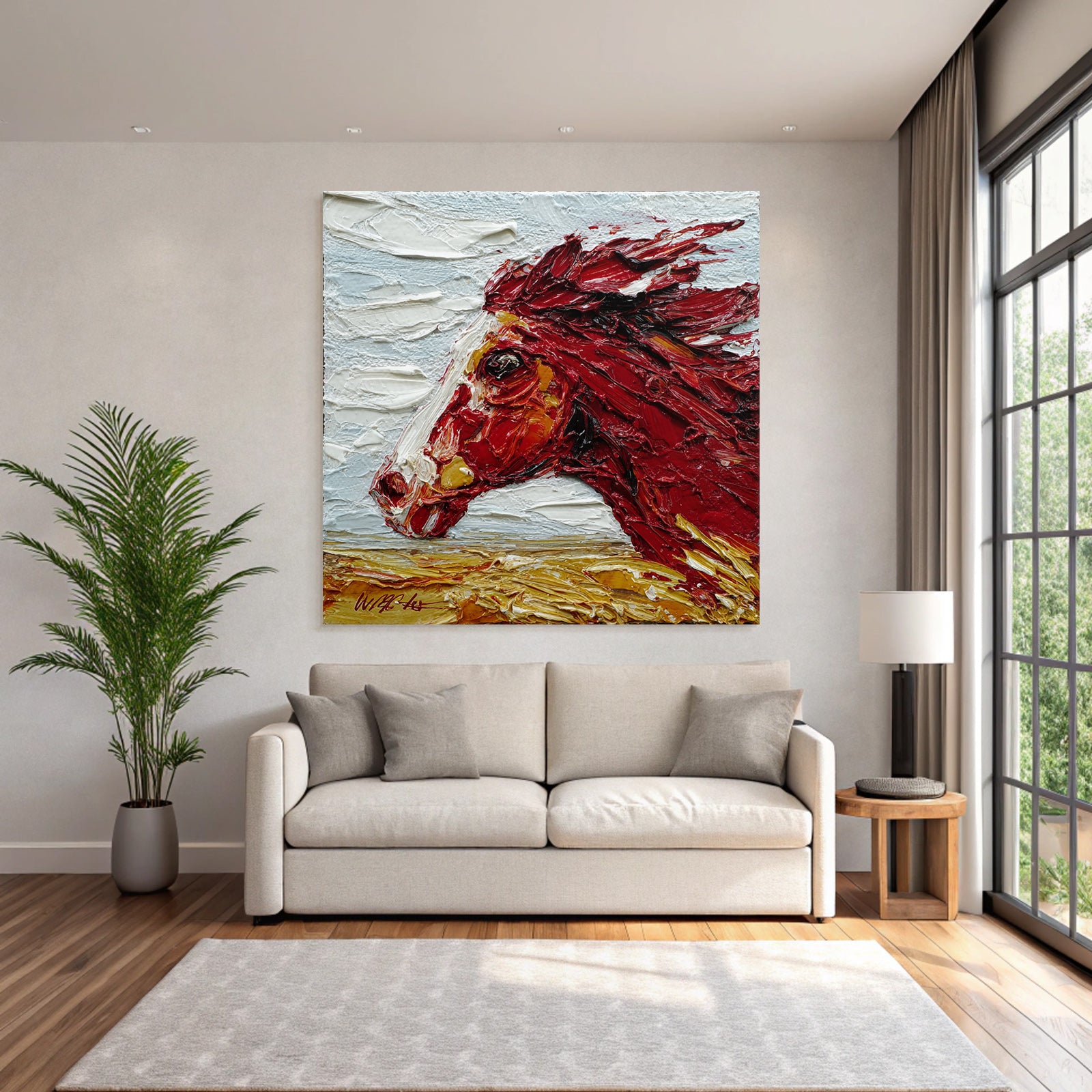 Rotes Pferd Impasto Malerei Vor Himmel Und Landschaft