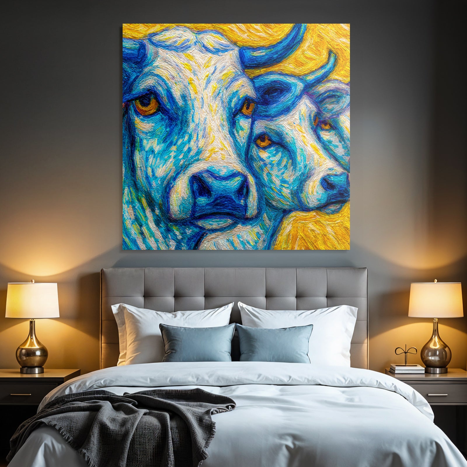 Zwei Kühe In Blau Und Gelb Kunstvolles Gemälde