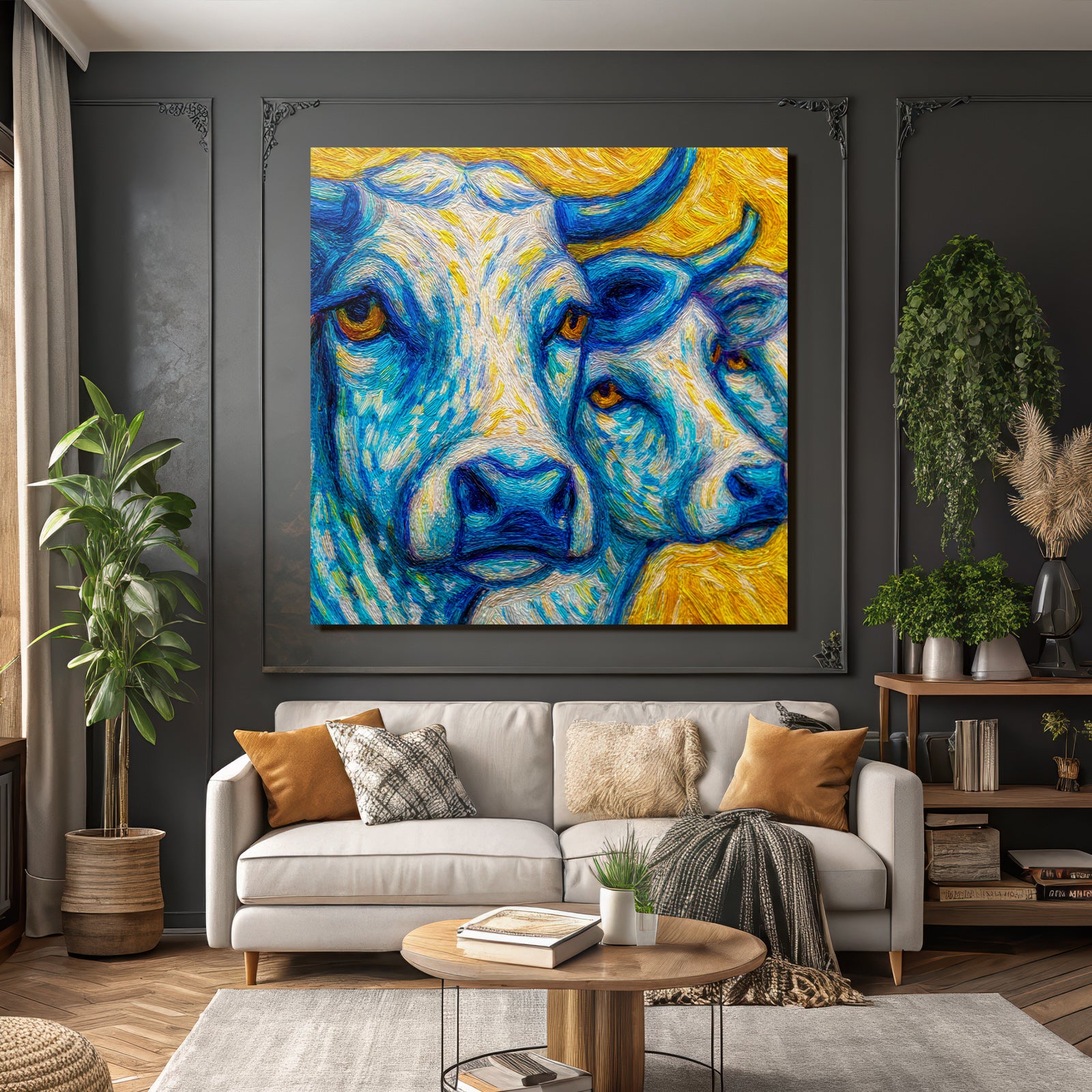 Zwei Kühe In Blau Und Gelb Kunstvolles Gemälde