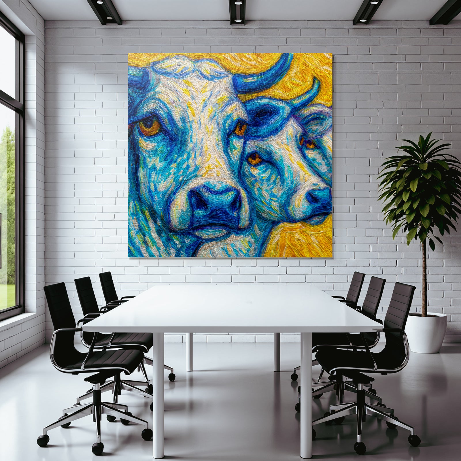 Zwei Kühe In Blau Und Gelb Kunstvolles Gemälde