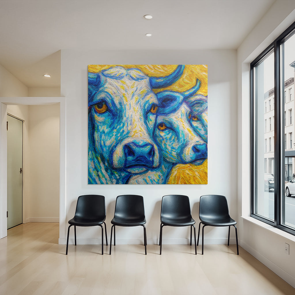 Zwei Kühe In Blau Und Gelb Kunstvolles Gemälde
