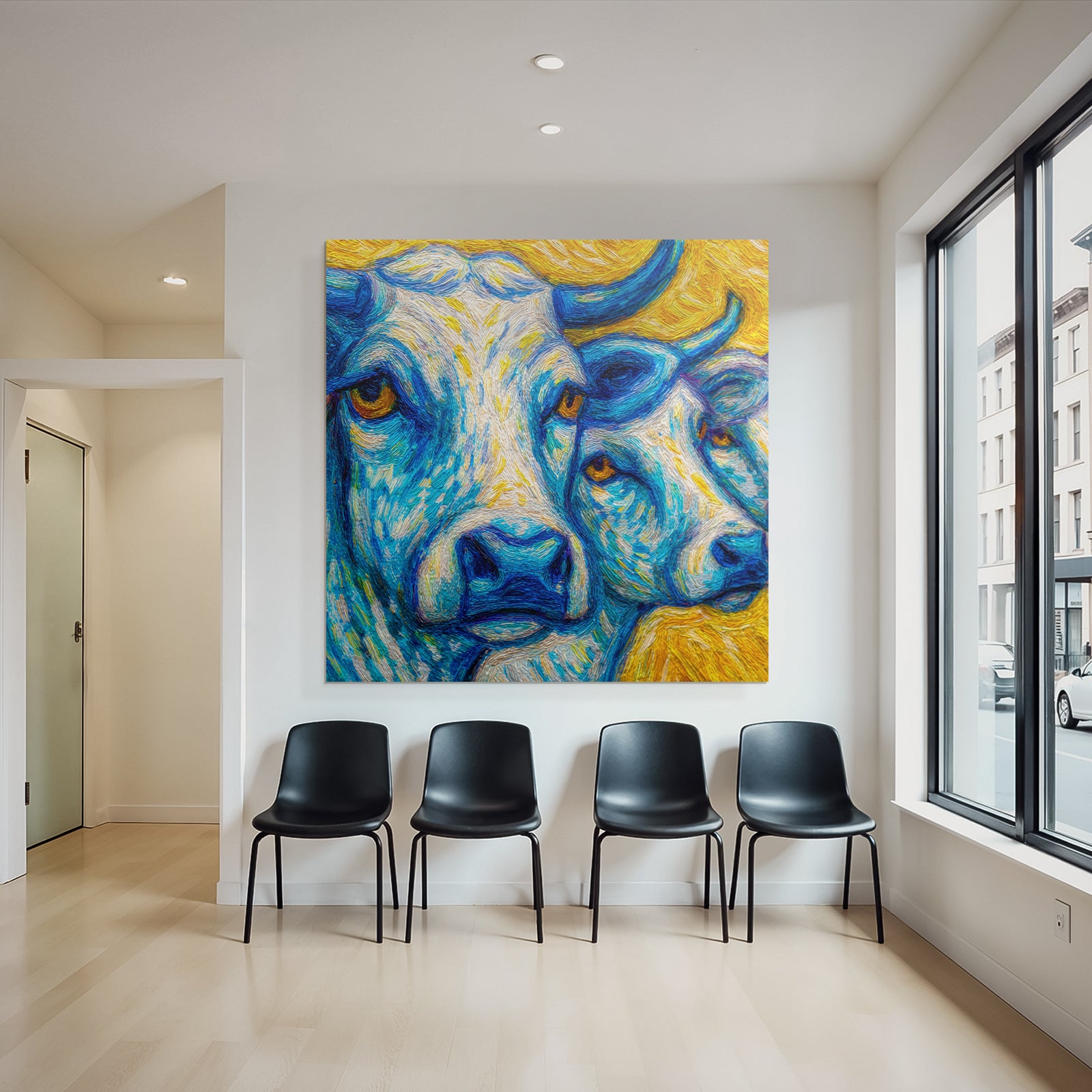 Zwei Kühe In Blau Und Gelb Kunstvolles Gemälde