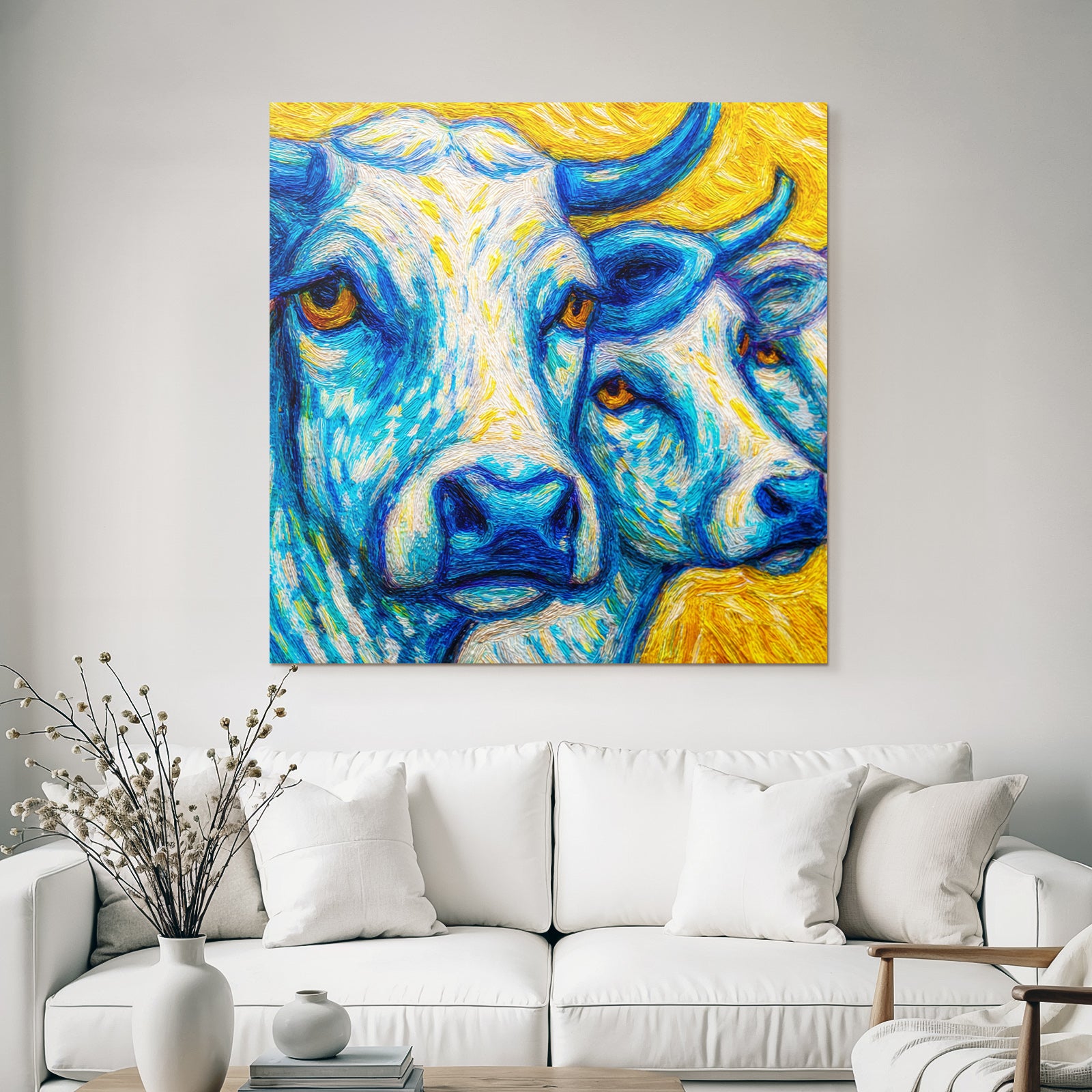 Zwei Kühe In Blau Und Gelb Kunstvolles Gemälde