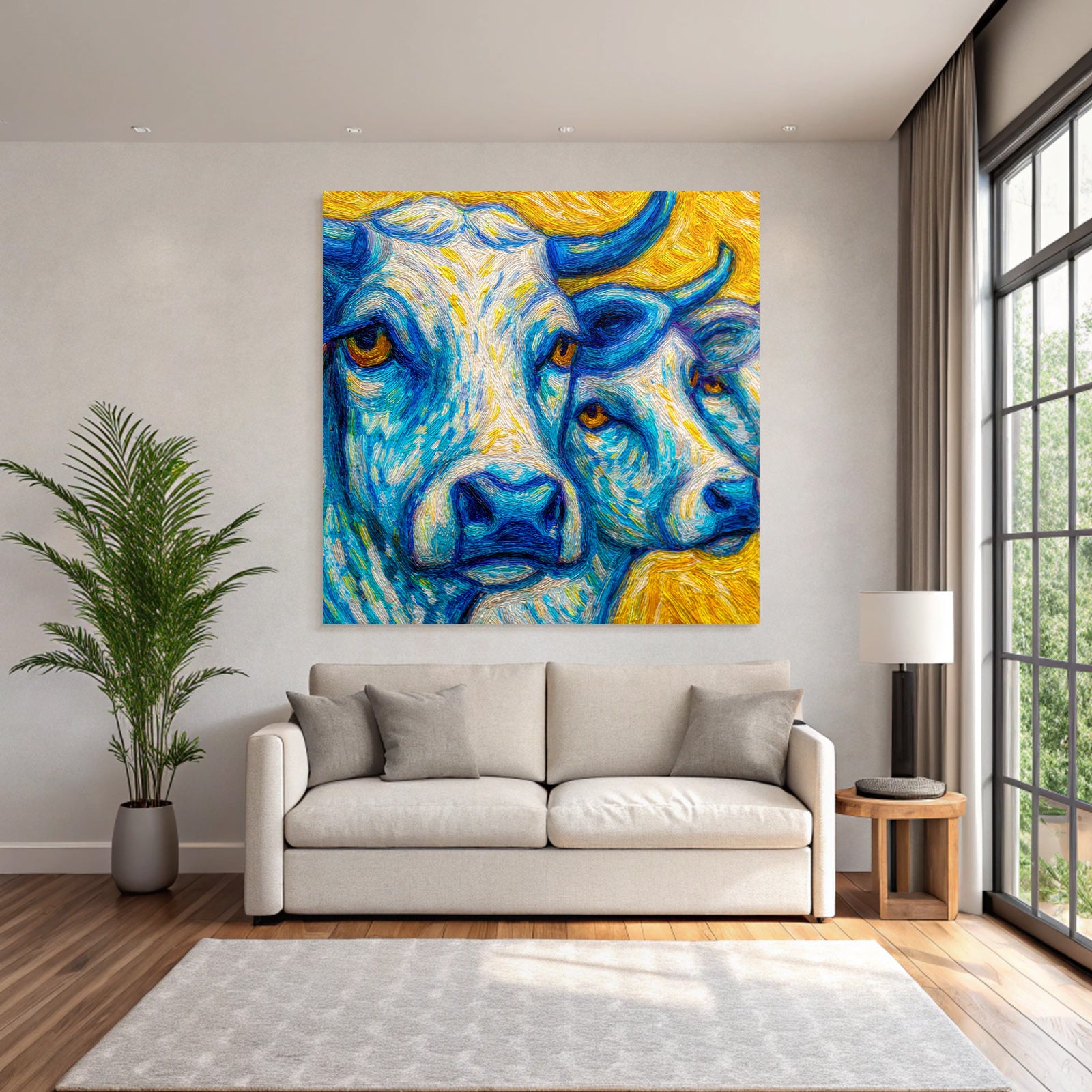 Zwei Kühe In Blau Und Gelb Kunstvolles Gemälde