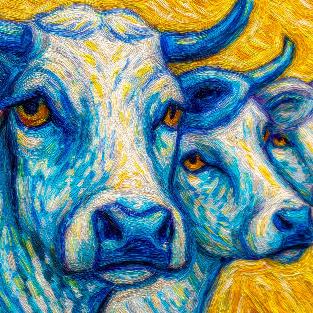Zwei Kühe In Blau Und Gelb Kunstvolles Gemälde | Expressionismus | Stilrichtungen