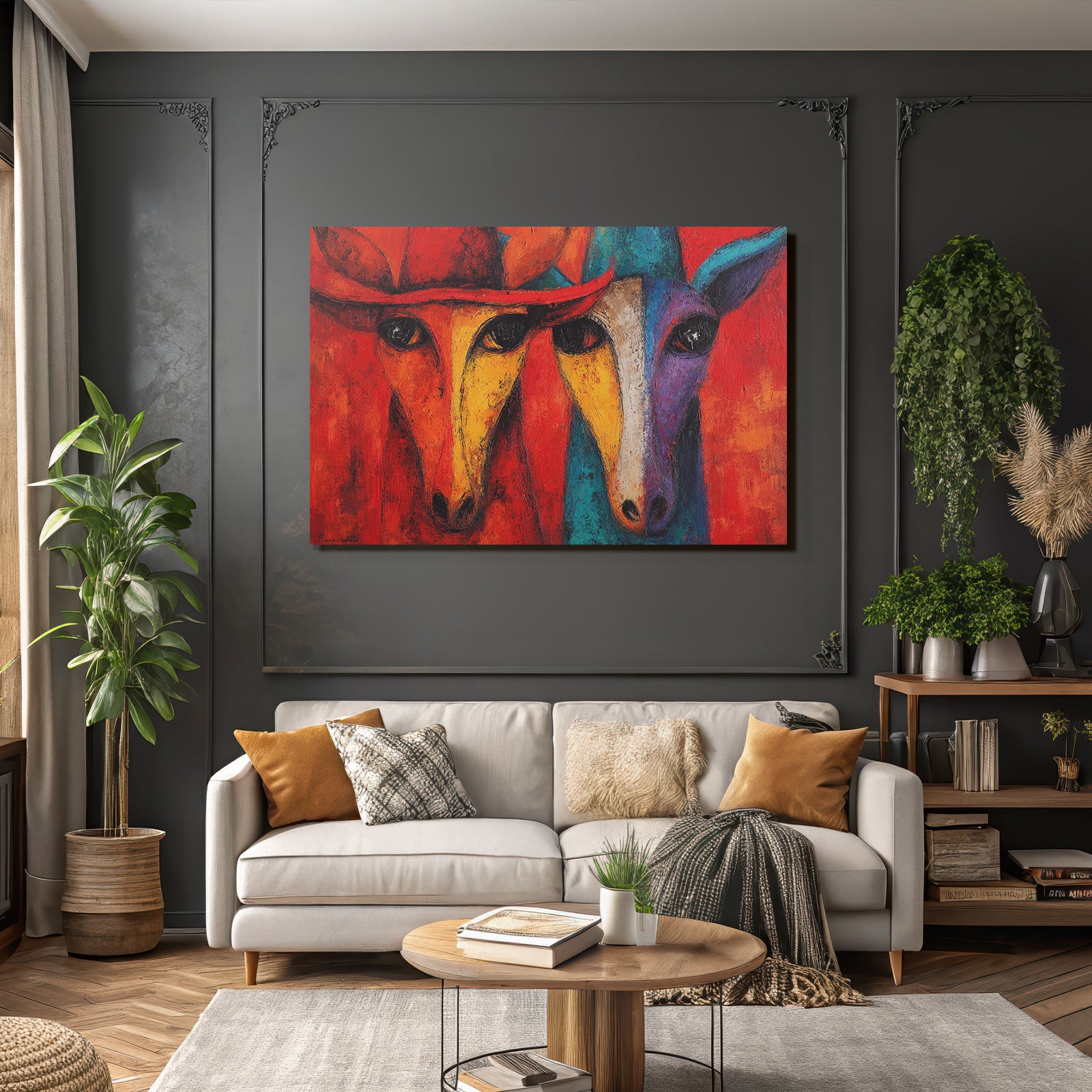 Abstrakte Kunst Mit Stilisierten Kühen In Leuchtenden Farben