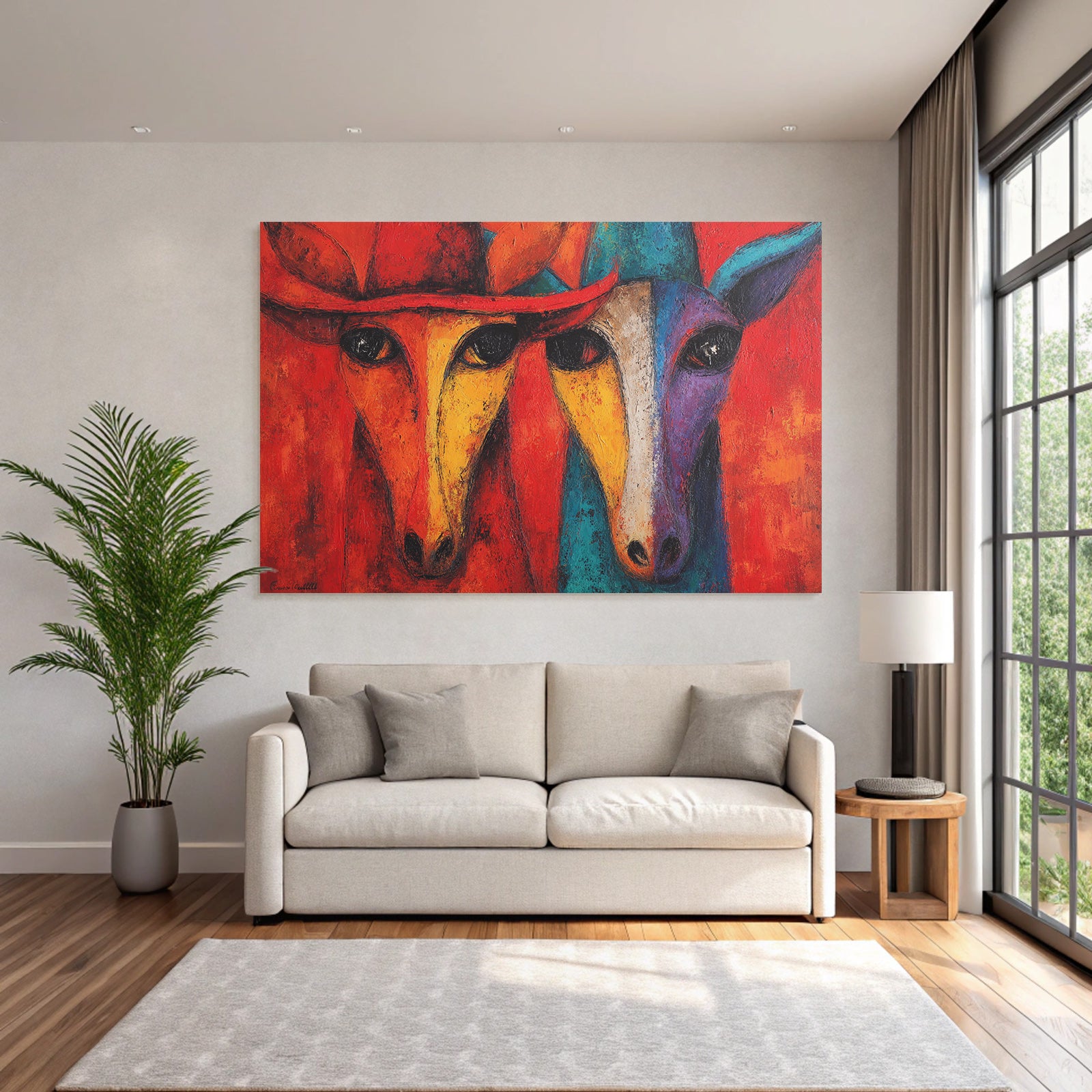 Abstrakte Kunst Mit Stilisierten Kühen In Leuchtenden Farben