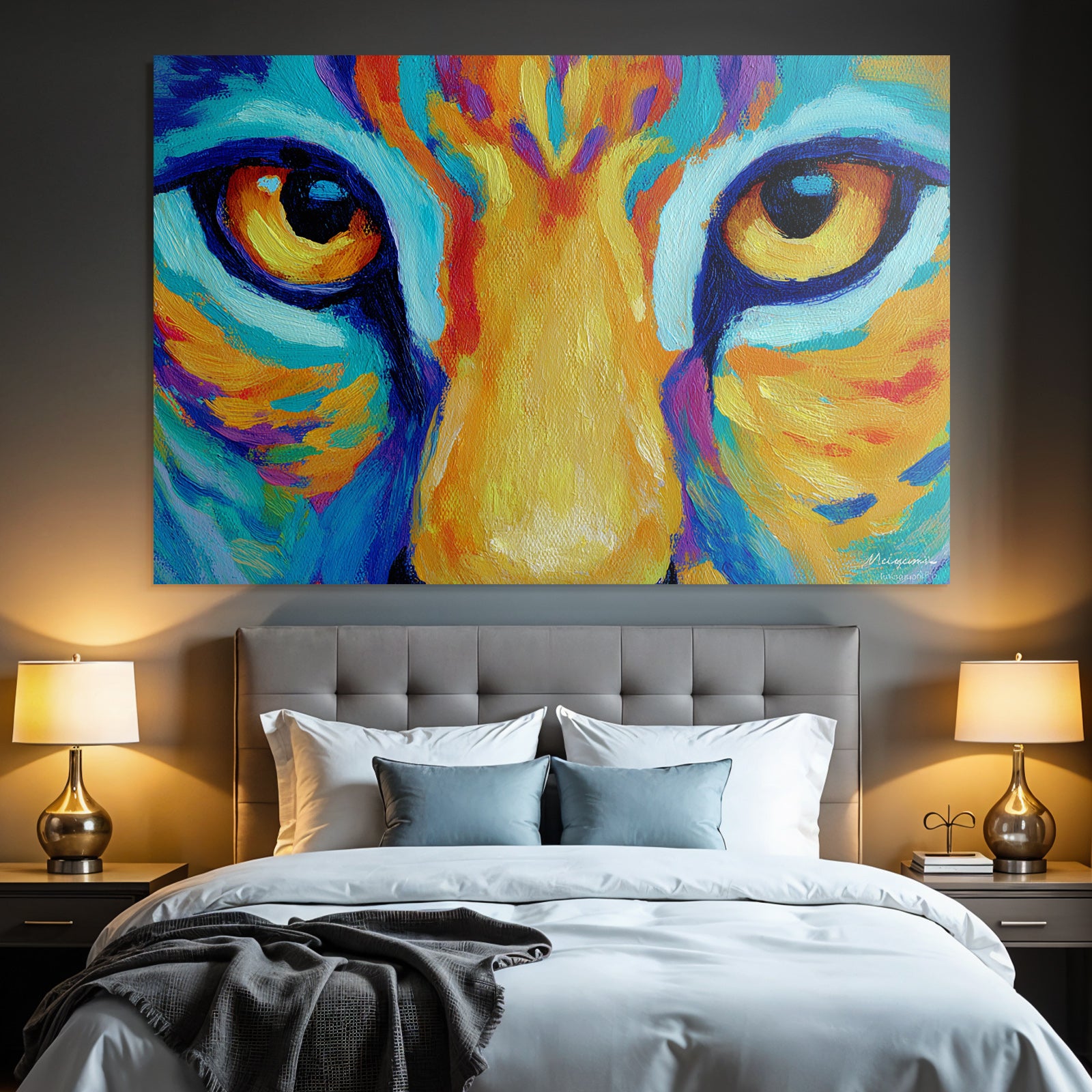 Abstraktes Tigerportrait Bunte Pinselstriche Augenfokus
