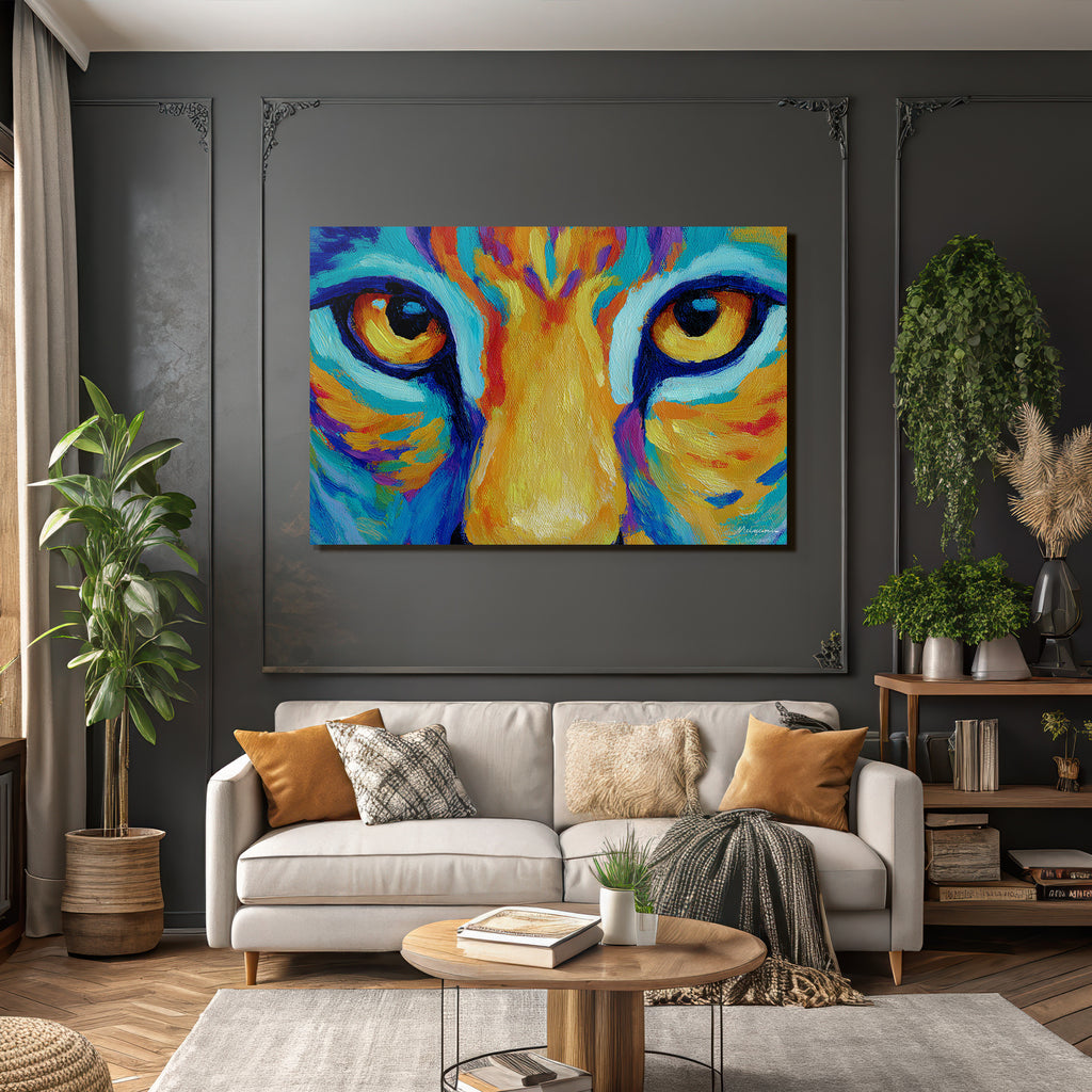 Abstraktes Tigerportrait Bunte Pinselstriche Augenfokus