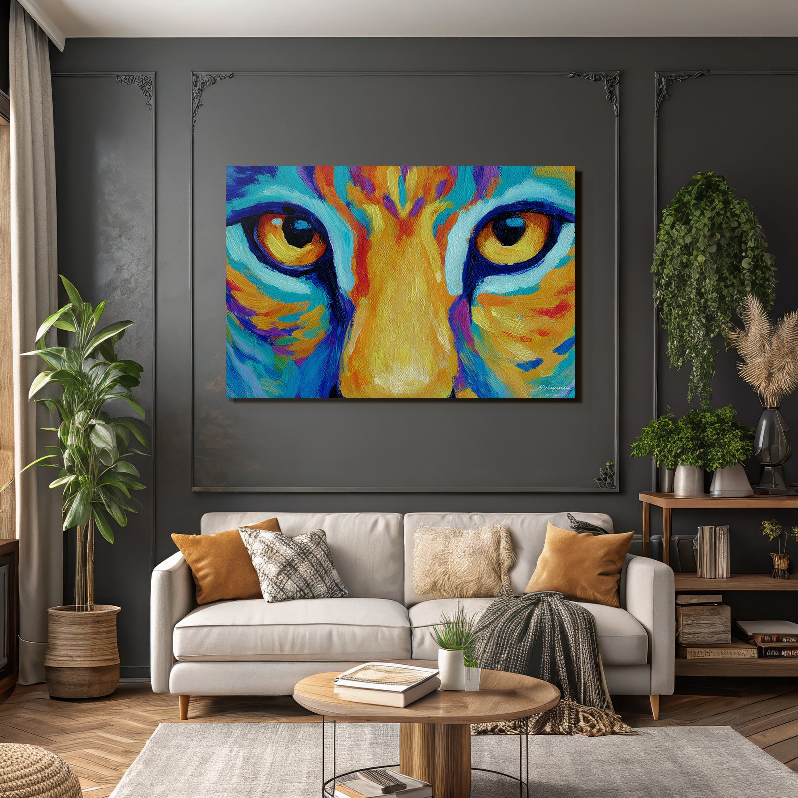 Abstraktes Tigerportrait Bunte Pinselstriche Augenfokus
