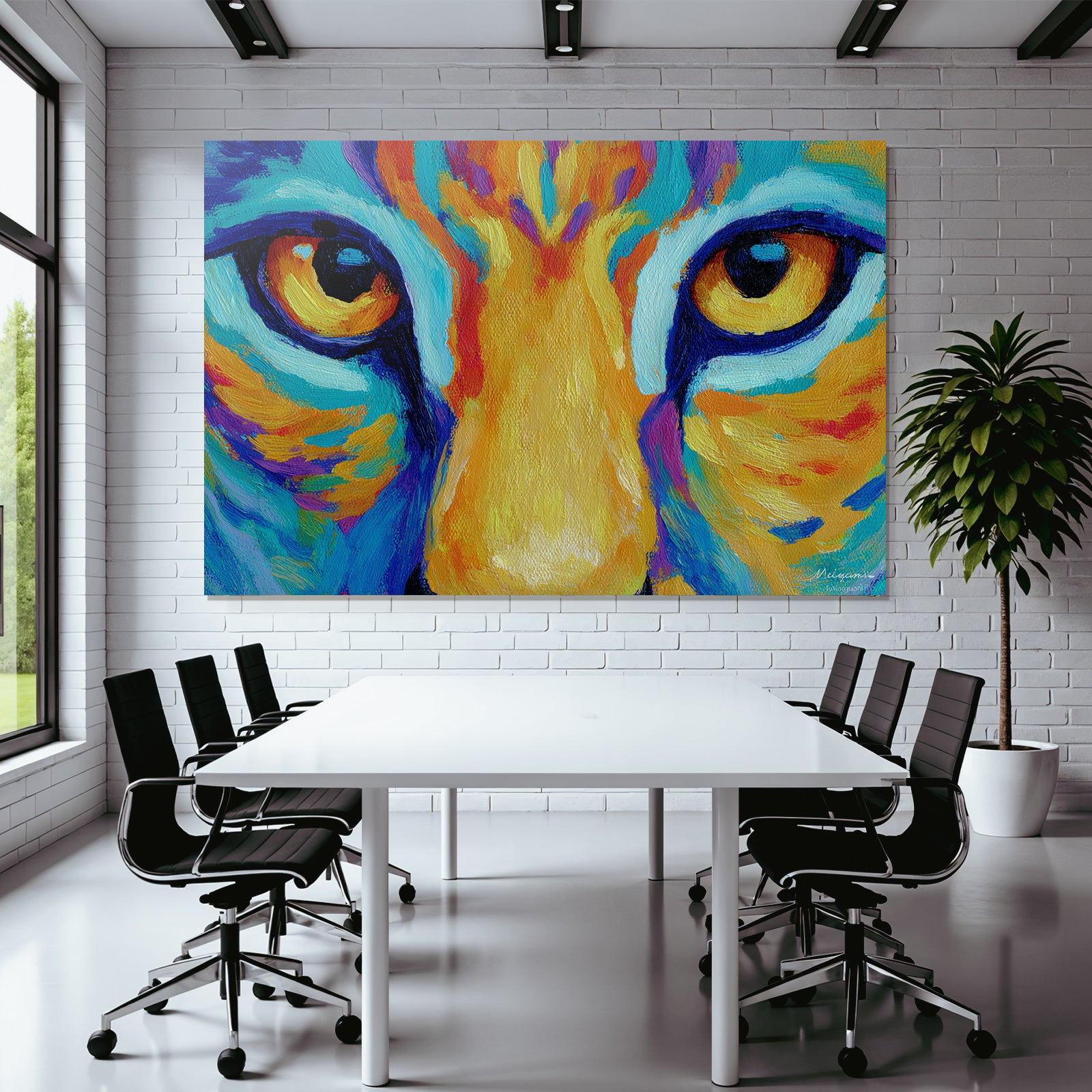 Abstraktes Tigerportrait Bunte Pinselstriche Augenfokus