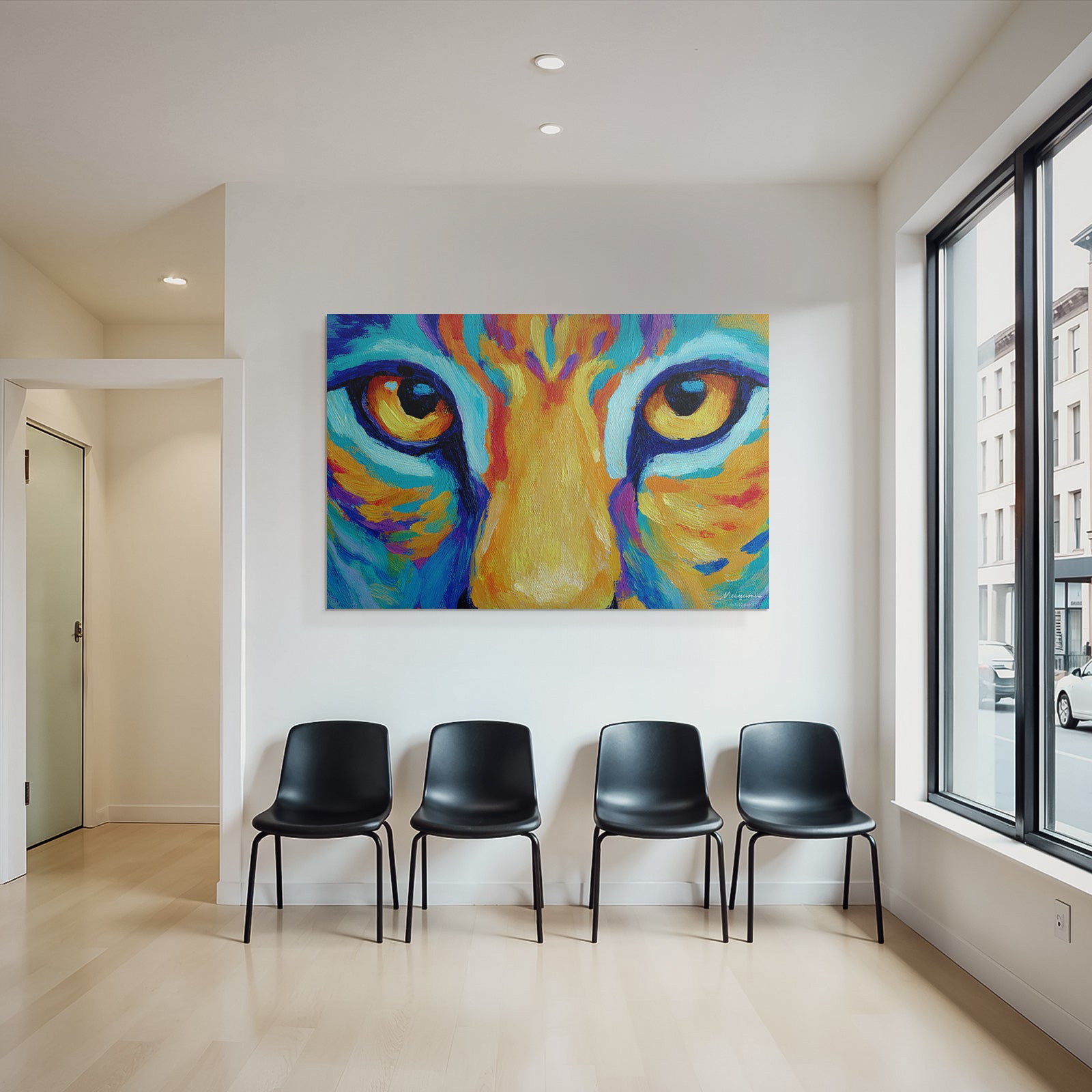 Abstraktes Tigerportrait Bunte Pinselstriche Augenfokus