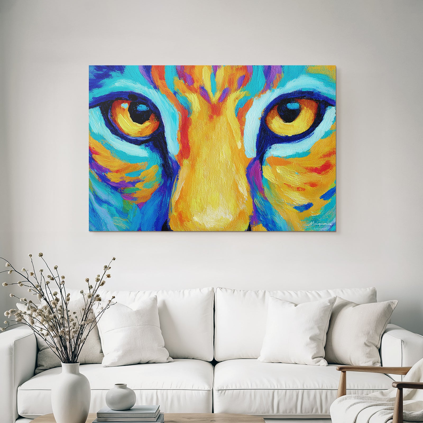 Abstraktes Tigerportrait Bunte Pinselstriche Augenfokus