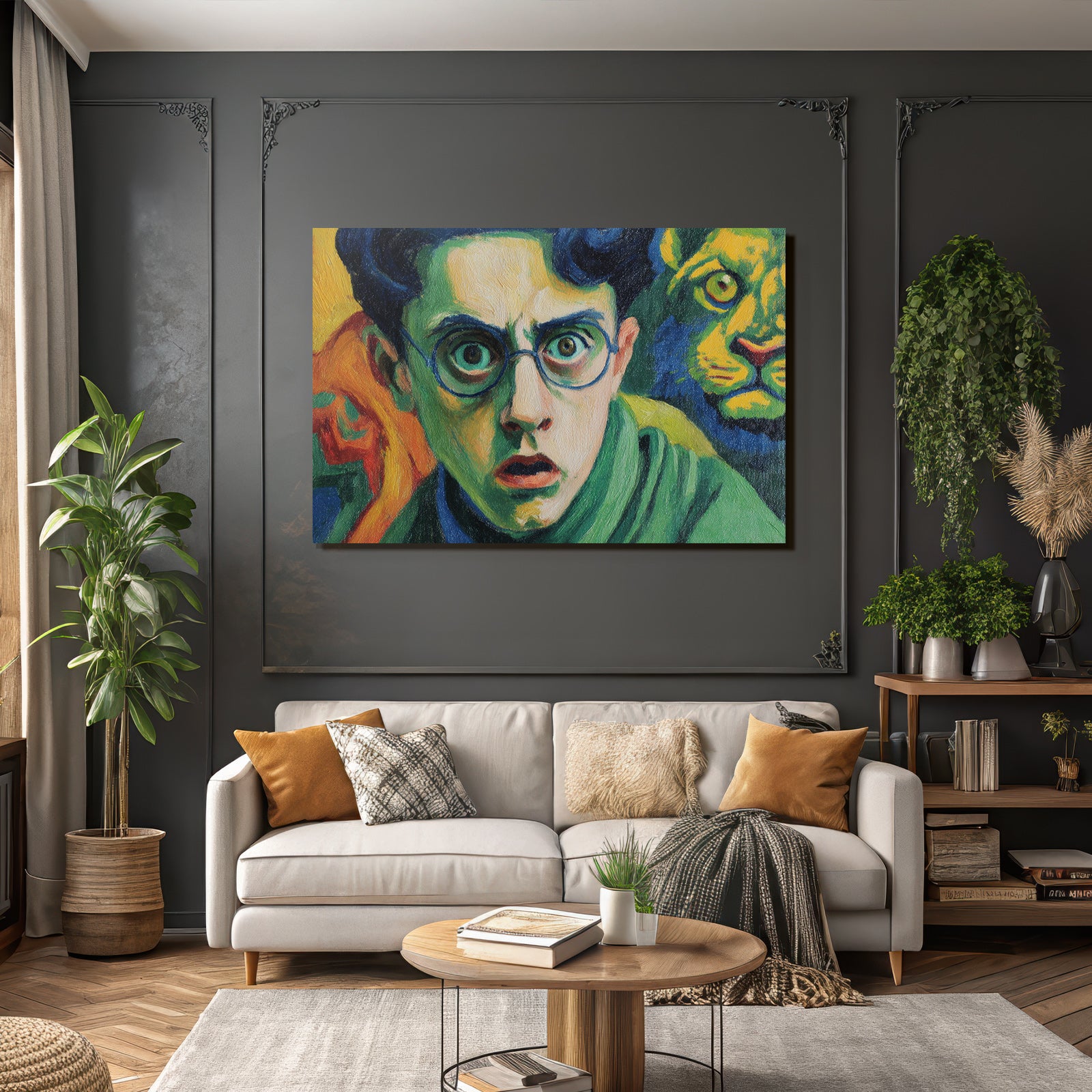 Ausdrucksstarkes Porträt Mit Brille Und Erschrockenem Löwenmotiv