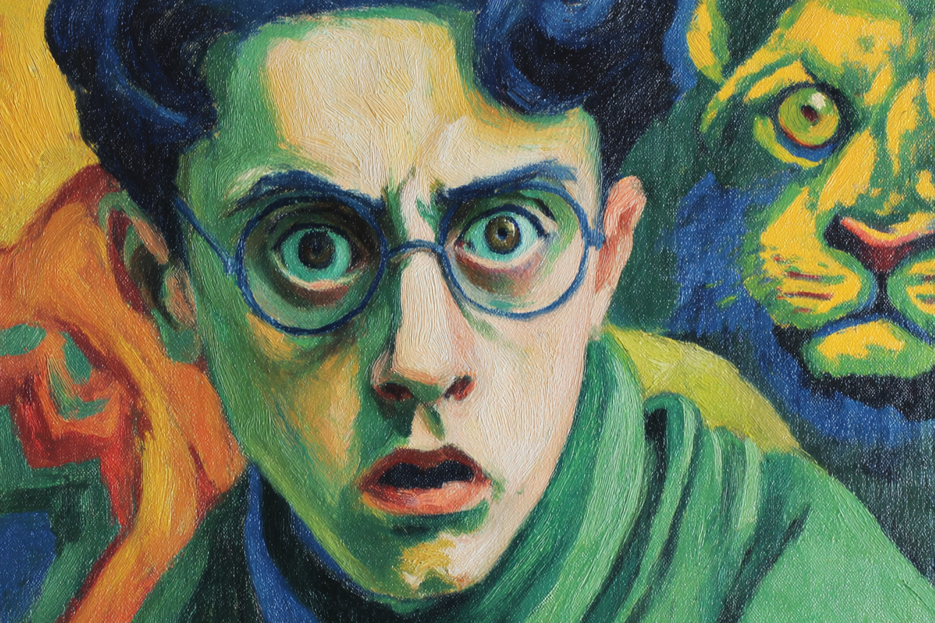 Ausdrucksstarkes Porträt Mit Brille Und Erschrockenem Löwenmotiv | Expressionismus | Stilrichtungen