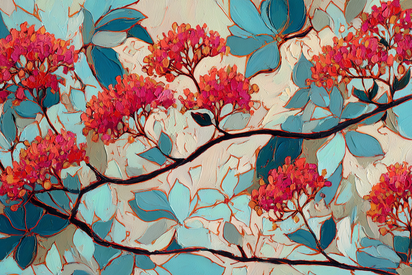 Blumen Und Blattergemalde Mit Roten Und Orangen Blumen Und Blaugrünen Blättern | Expressionismus | Stilrichtungen