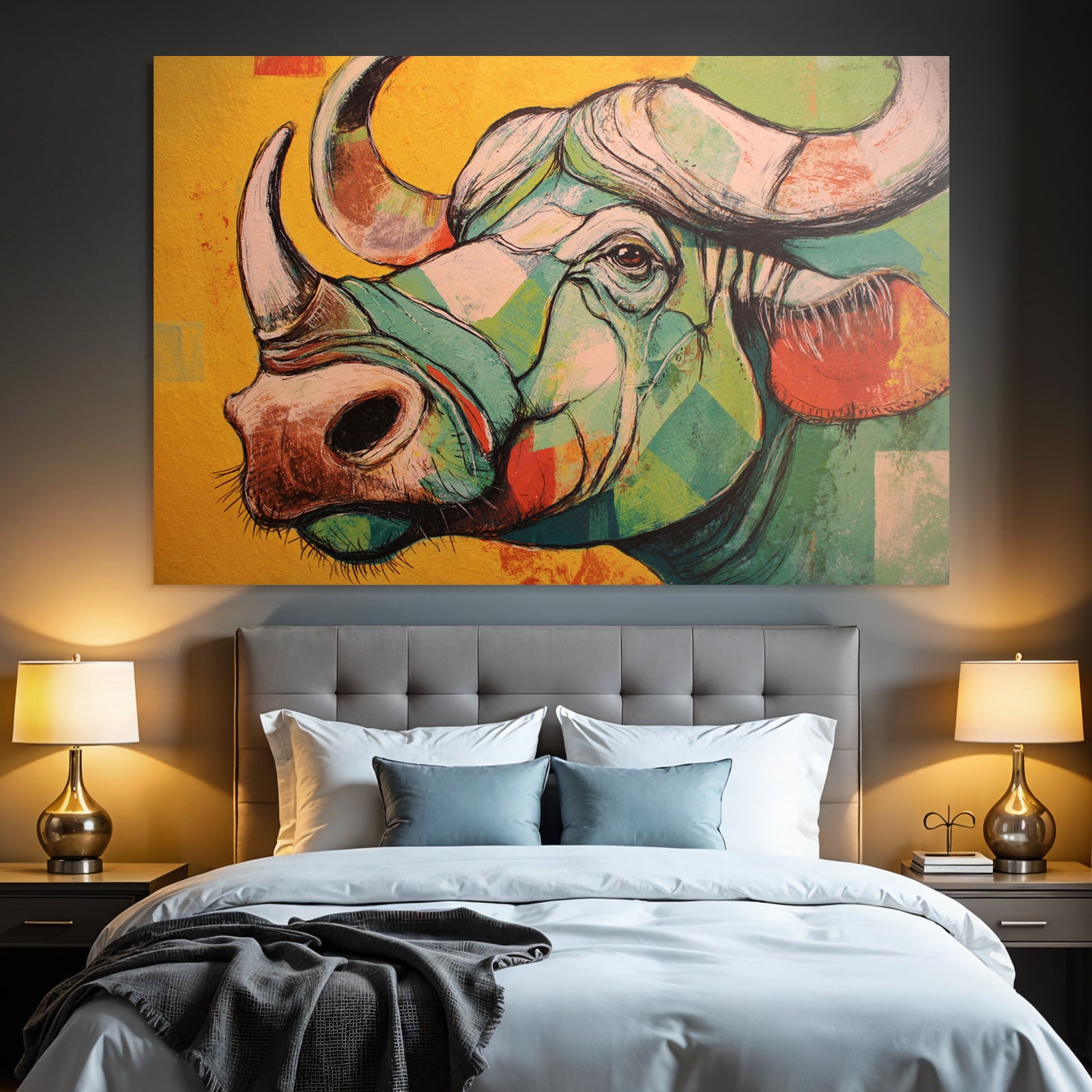Bunte Geometrische Bullenillustration Vor Gelbem Hintergrund